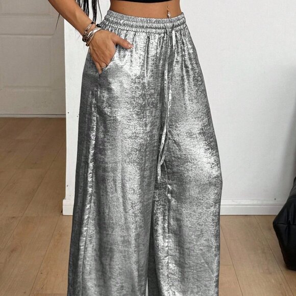 Silver Women's wide legged loose fit Pants - Picture 3 of 8